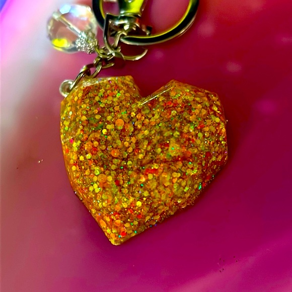 Hand crafted epoxy 3D heart key chain with yellow 2 inch pompom - Picture 2 of 5